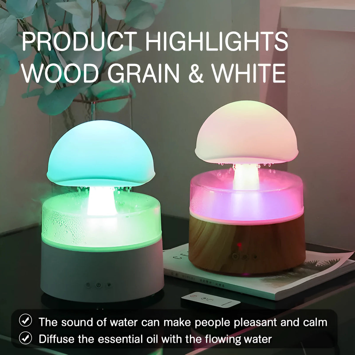 White cloud-shaped humidifier and aroma diffuser with simulated raindrops and coloured night light