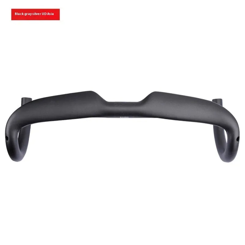 Carbon fibre road bicycle drop handlebar in black, grey, and silver UD finish