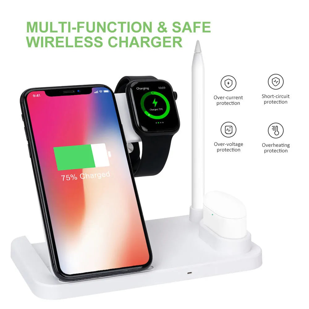 Folding 4-in-1 wireless charger showing magnetic iPhone charging, Apple Pencil slot, and extra Qi pad.
