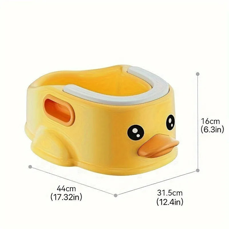 Blue PVC duck-shaped bathtub for washing a small dog, shown on a bathroom floor.