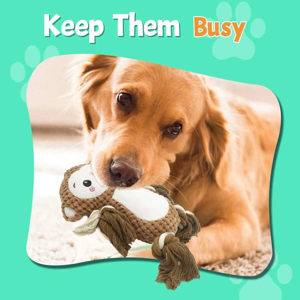Lion and monkey soft plush squeaky dog toys side by side