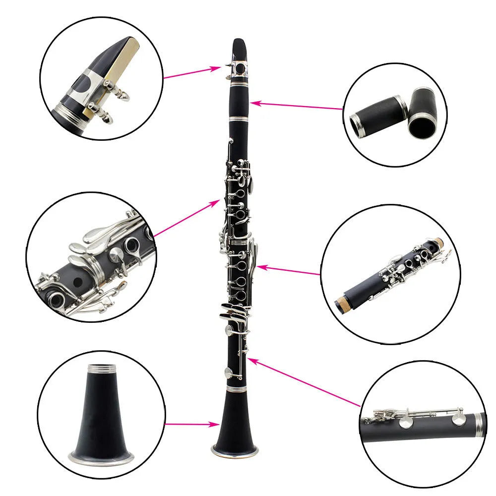 Black Bakelite 17-key beginner clarinet with nickel-plated keys and a carrying bag.