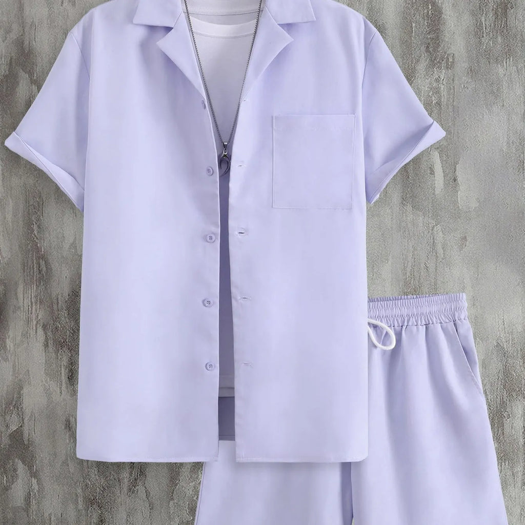 Men's short sleeve Cuban collar sport suit set with matching shorts in thin polyester fabric