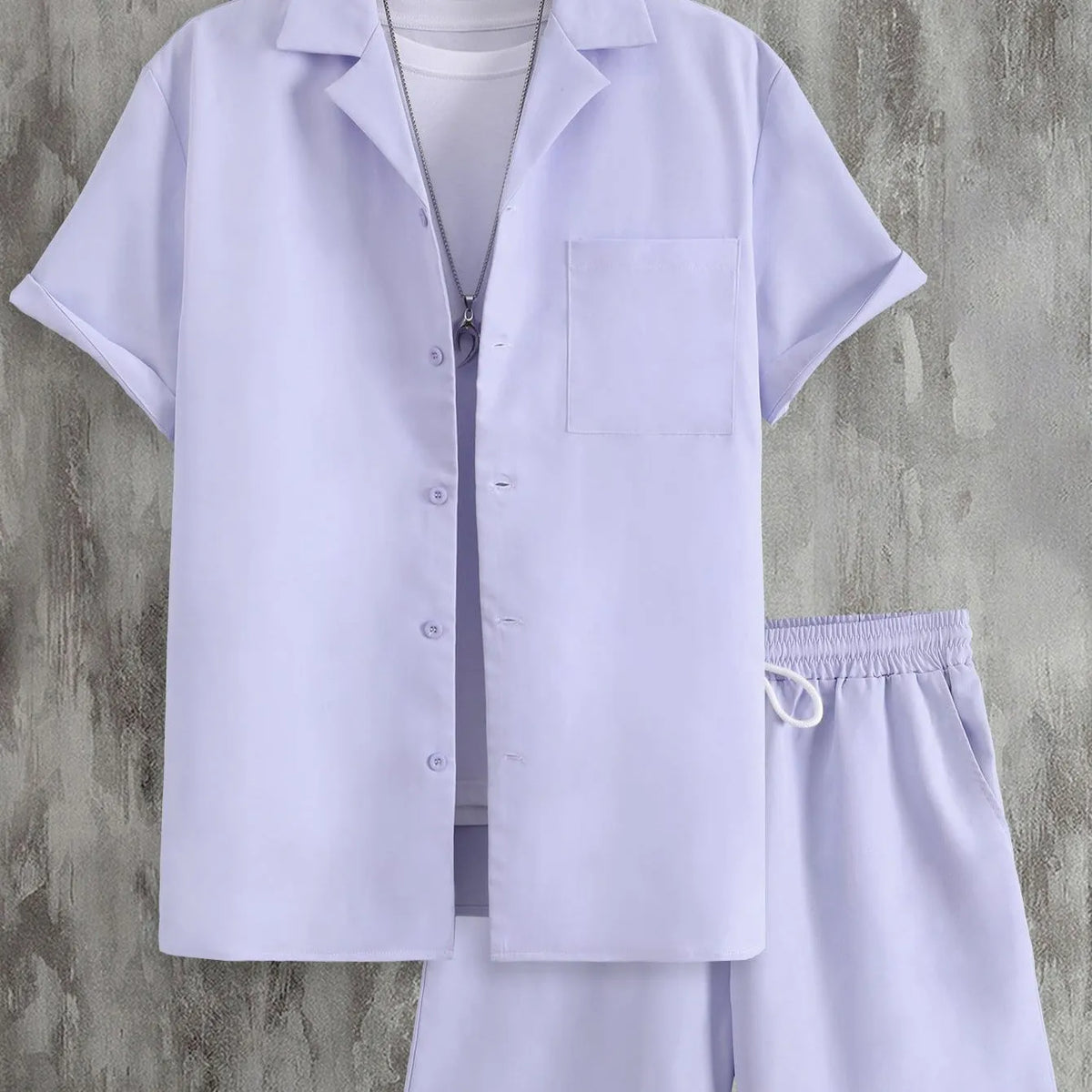 Men's short sleeve Cuban collar sport suit set with matching shorts in thin polyester fabric