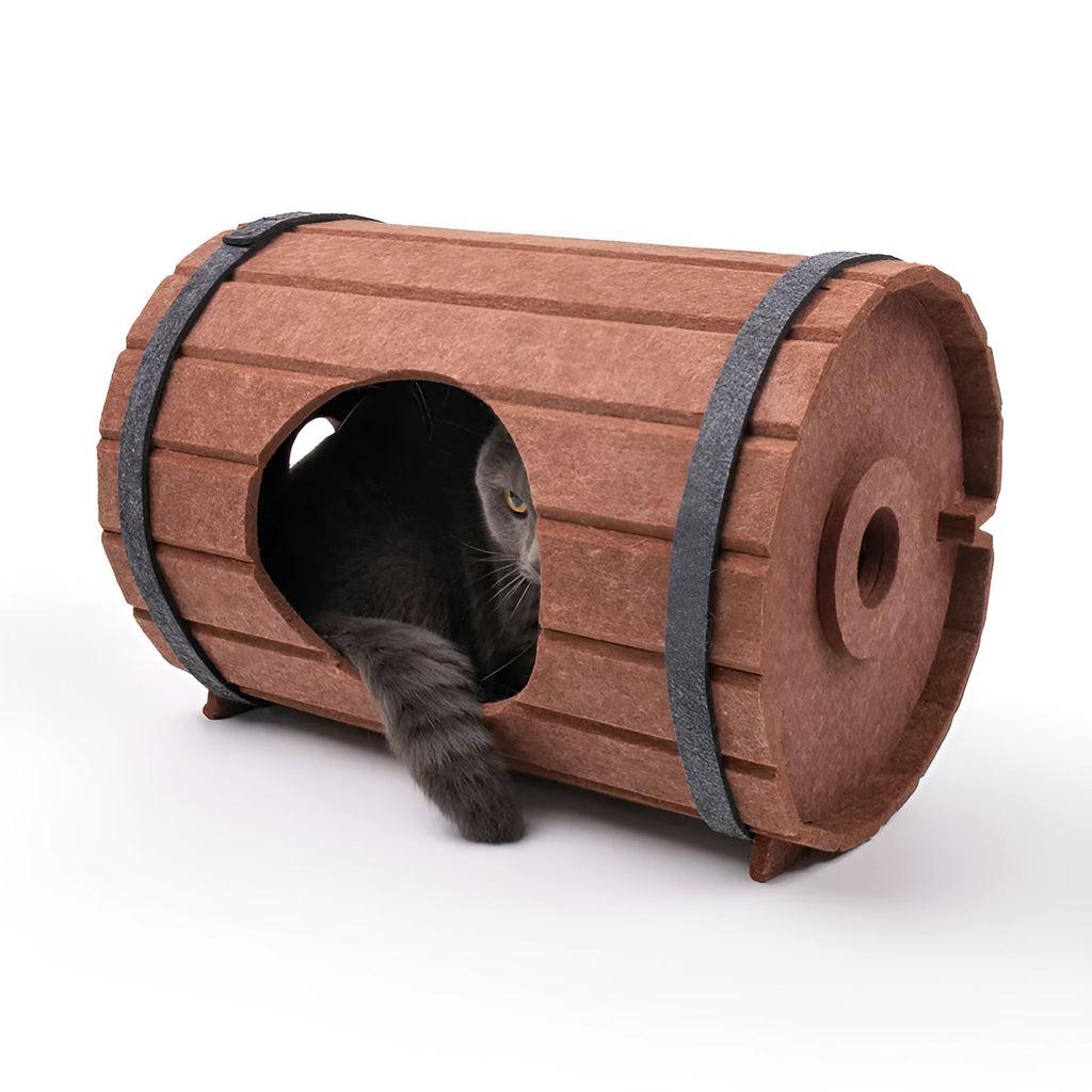 Wine barrel shaped pet bed made from three polyester fibre felt panels requiring assembly with binding straps