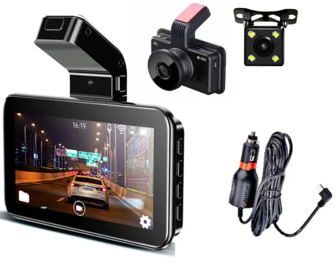 3-inch HD car DVR dash camera with dual lens recording system showing front and rear camera placement