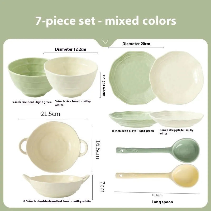 Ceramic seven-piece dinnerware set with solid colour design and modern simple style