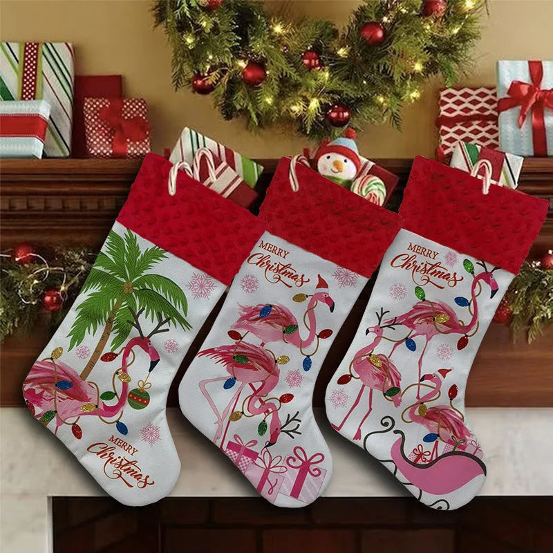 Flamingo Christmas stocking with decorative pendant measuring 46 by 28 centimetres