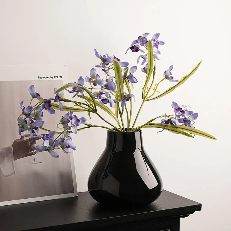 Ceramic round belly French-style vase with decorative flowers in black or white colour options