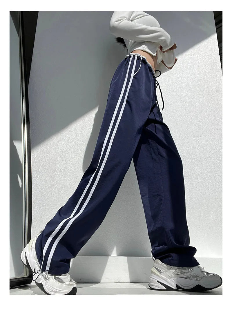Ribbon parallel bars contrast colour slimming draping pants in thin fabric with low waist