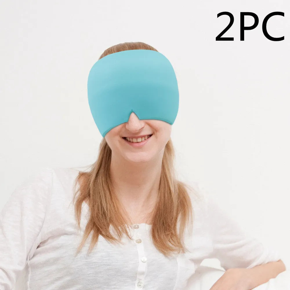 Black elastic cloth gel cold therapy eye mask for headache relief on a white background.