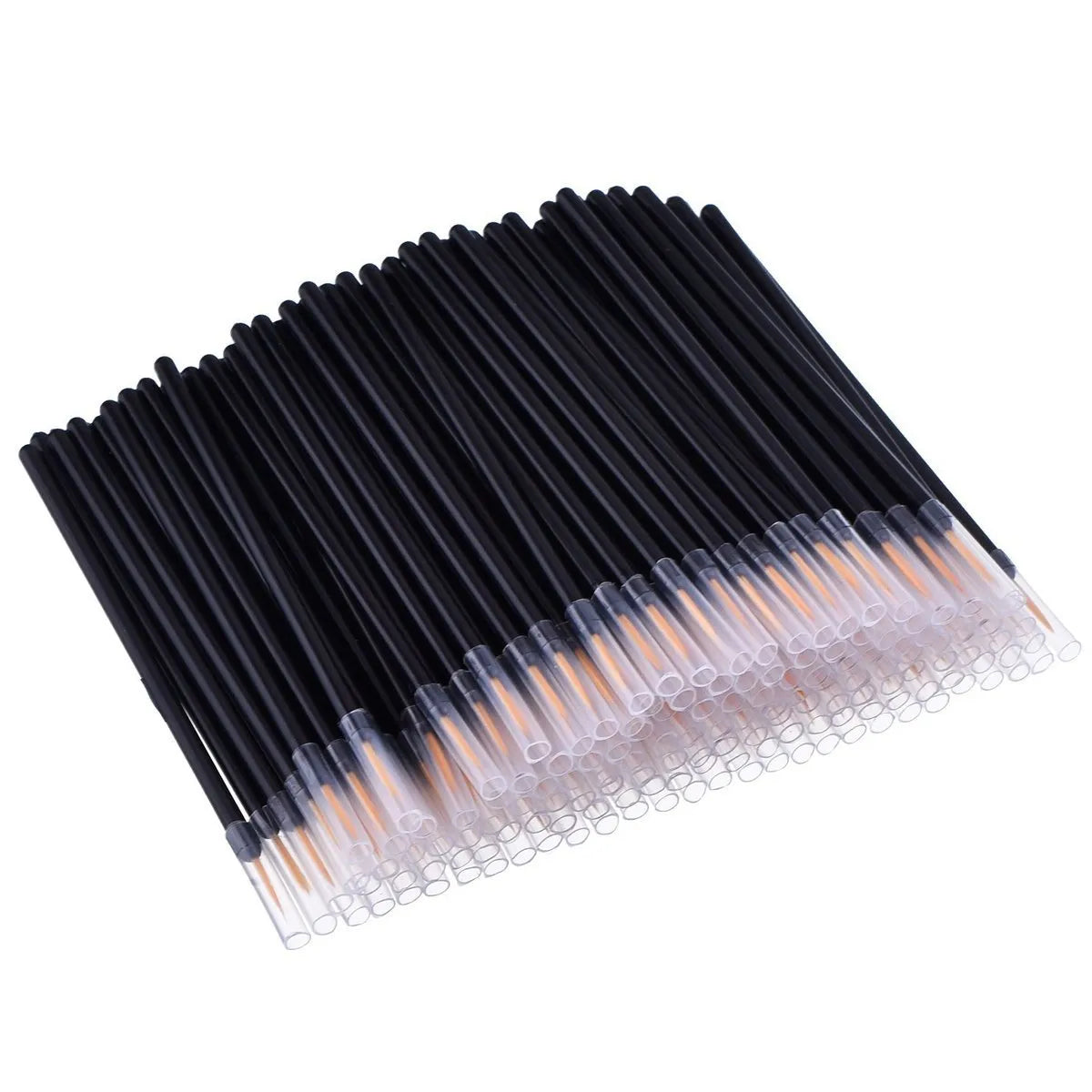 One hundred black disposable eyeliner brushes with fine point applicators and protective sleeves