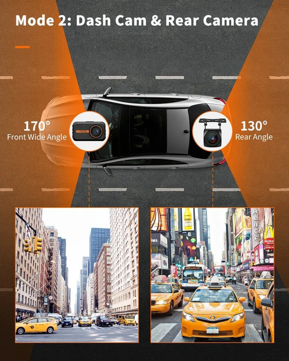 ThiEYE front and rear car dash cam with 3-inch screen, suction mount, and separate waterproof rear camera