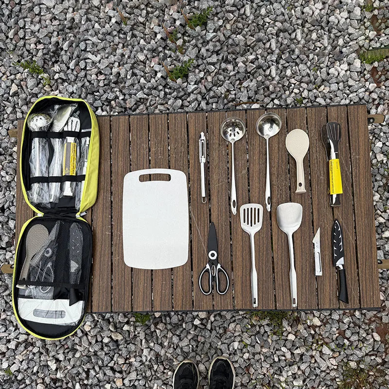 12-piece stainless steel picnic cutlery set inside a khaki portable storage bag.
