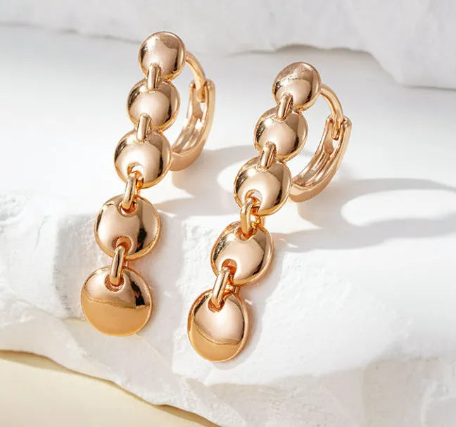 Gold retro long round circle woven copper dangle earrings pair