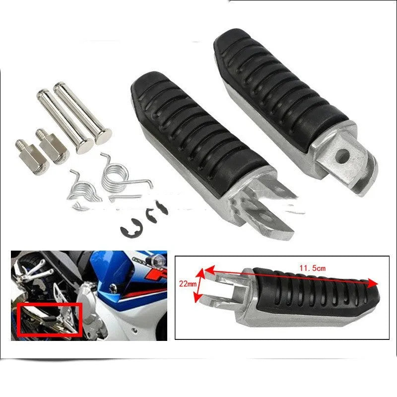 Black aluminium alloy motorcycle footpeg set for Suzuki Hayabusa, V-Strom, and other compatible models.