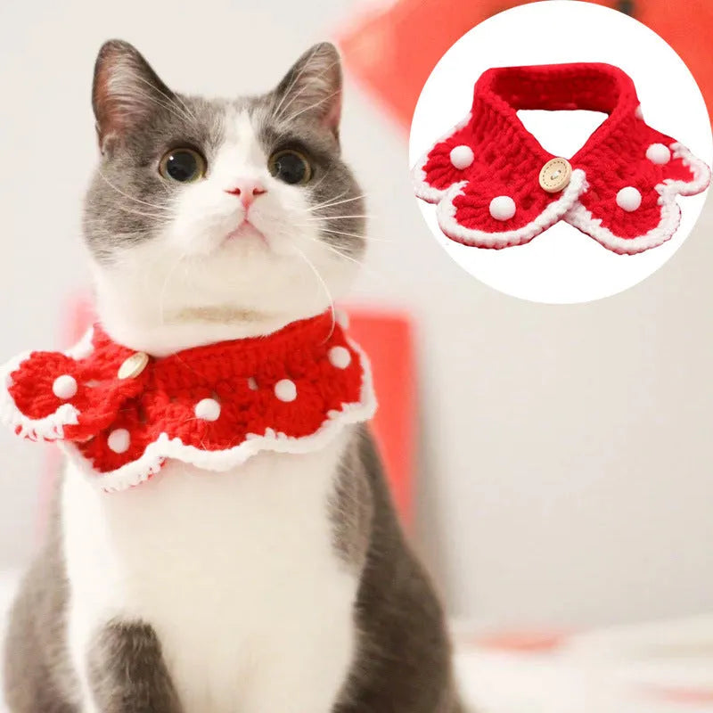 Knitted milk cotton collar with cartoon pattern for a small dog, showing the XS, S, M, and L size options.