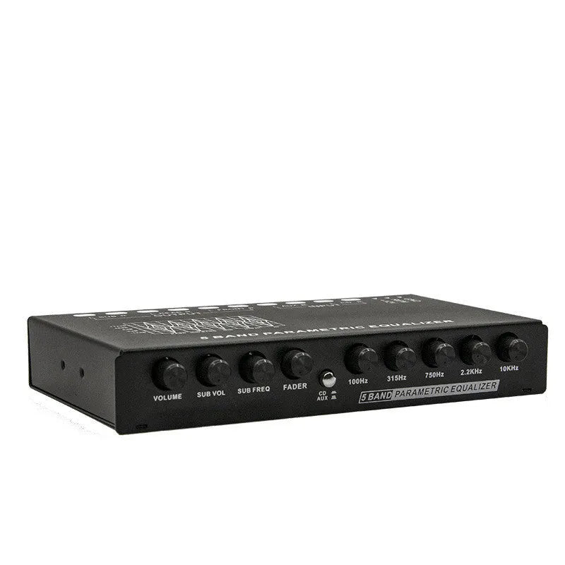 Black car audio EQ tuning amplifier with control panel for frequency and volume adjustment