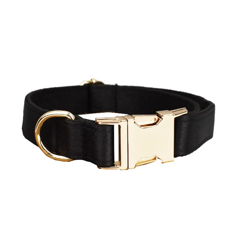 Soft cloth dog collar, leash, vest, and bow tie set shown in multiple colours for small to extra large dogs.