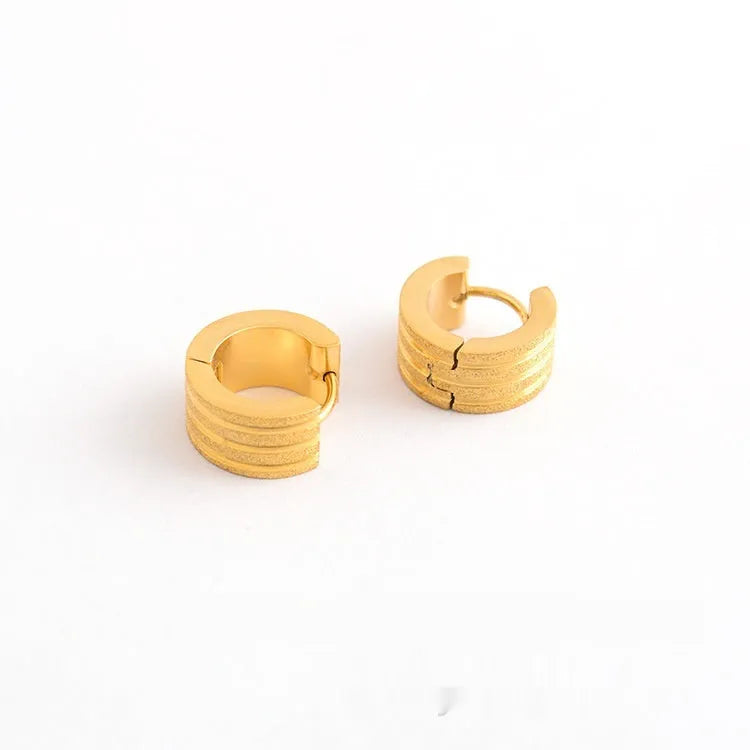 Three-line geometric frosted titanium steel earrings with Korean style electroplated finishes in steel, black or gold