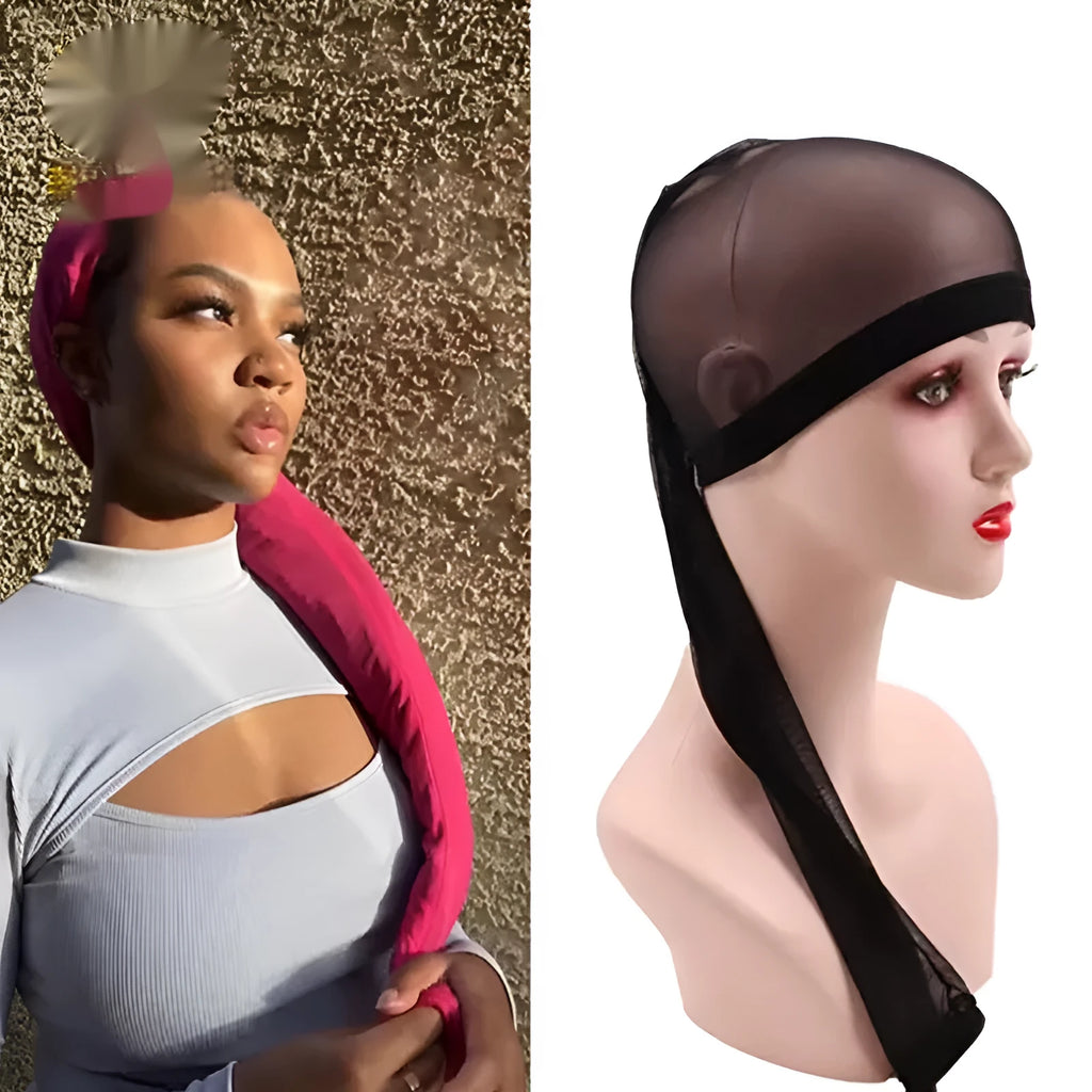 High elasticity Spandex mesh wig cap with oversleeve design shown in multiple colour options.