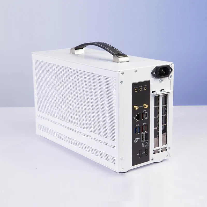 Three Hummingbird PRO portable ITX desktop computer case in titanium grey or white finish.