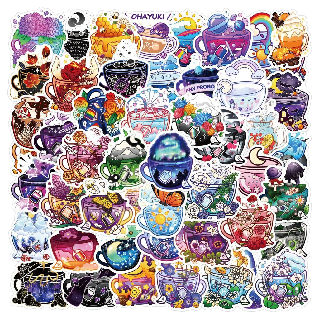 Colourful tea cup design waterproof graffiti stickers for scooters and luggage customisation