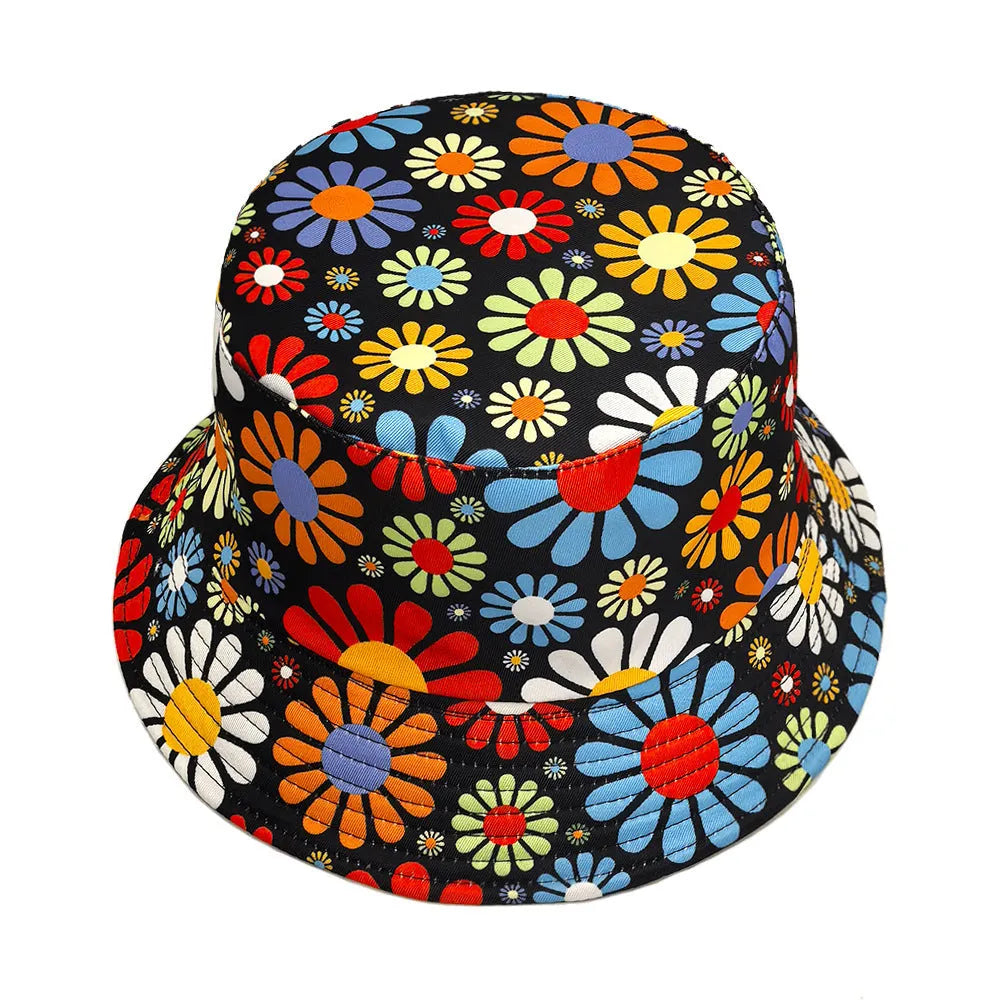 Polyester bucket hat with colourful flower pattern and dome crown