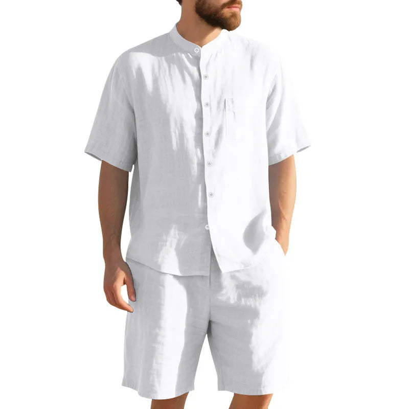 Men's linen-blend short-sleeve summer suit with Henry collar shirt and matching shorts