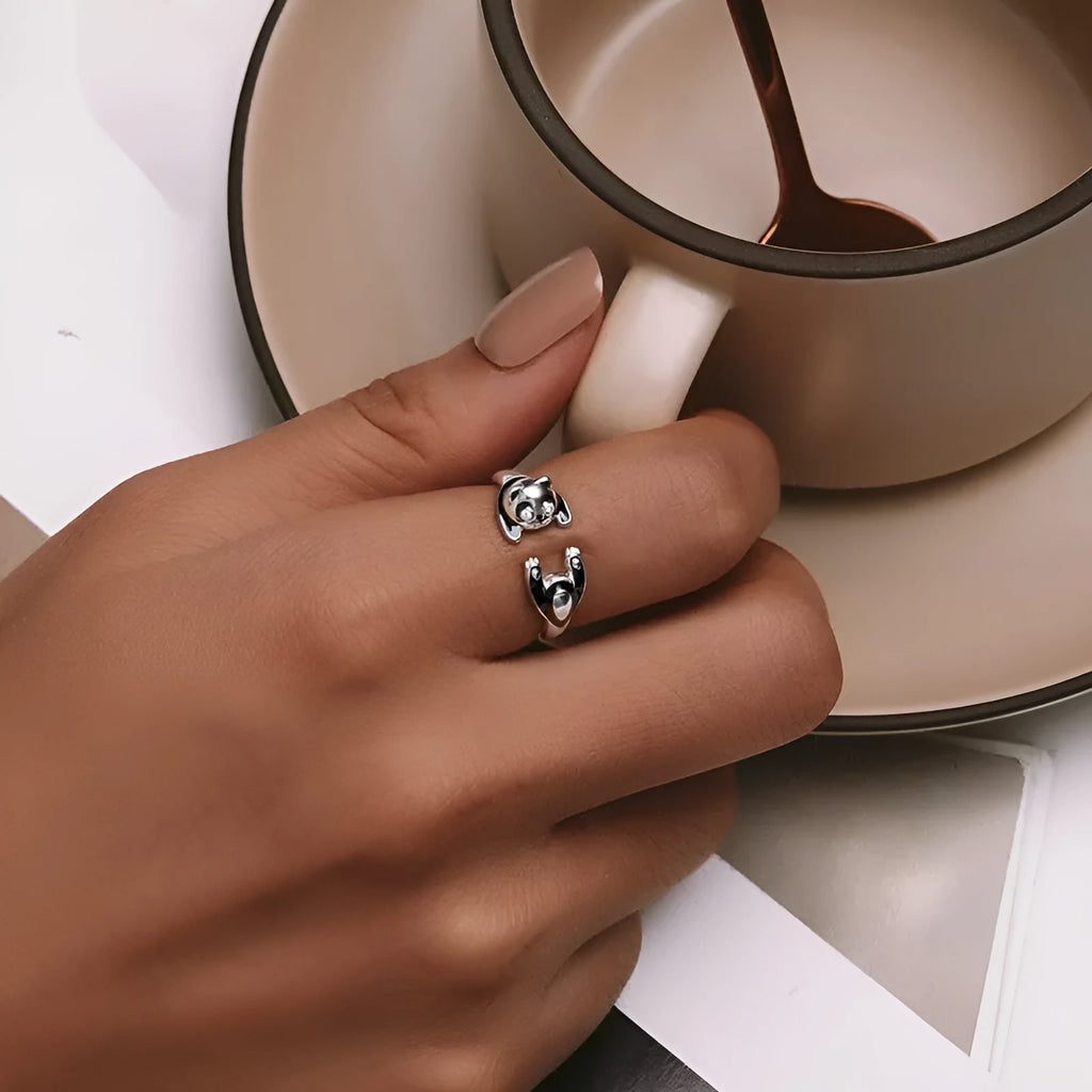 Sterling silver adjustable open ring bracelet with panda motif and white gold plating