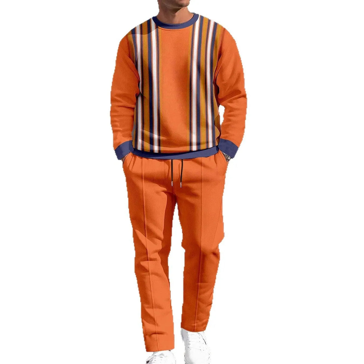 Men's two-piece tracksuit set with long sleeve round neck top and full-length trousers in air layer polyester, sizes S to 5XL