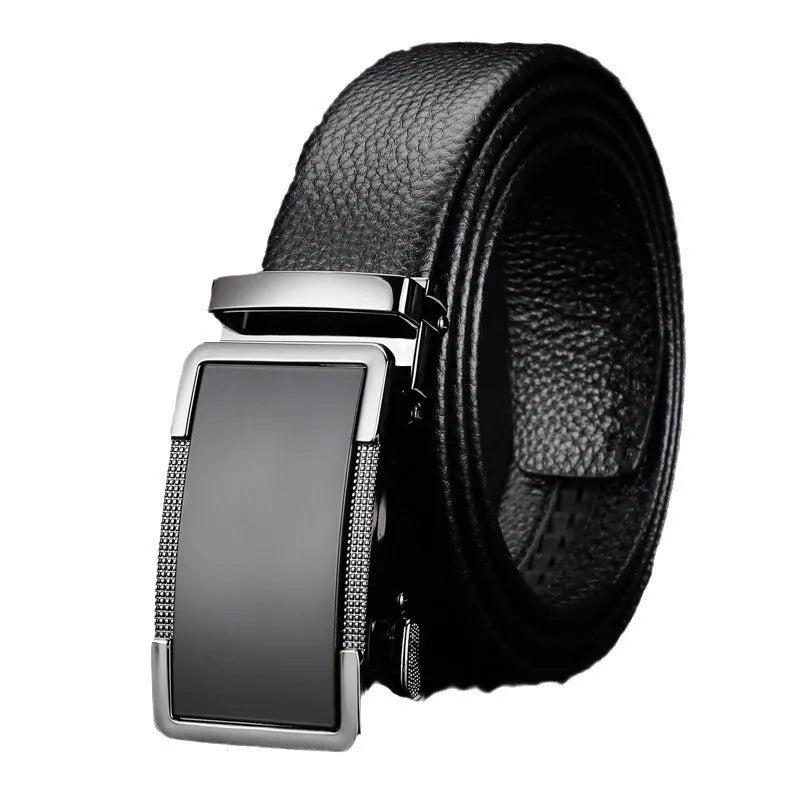 Men's leather belt with automatic buckle in gun black colour showing alloy buckle detail
