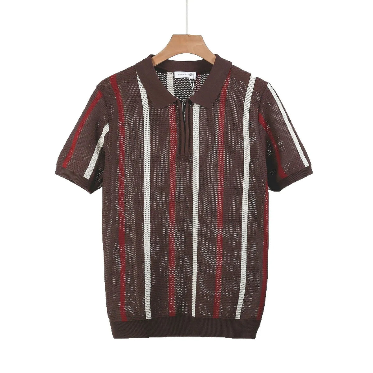 Man wearing a loose-fit black ice silk mesh polo shirt with short sleeves and a zip decoration.