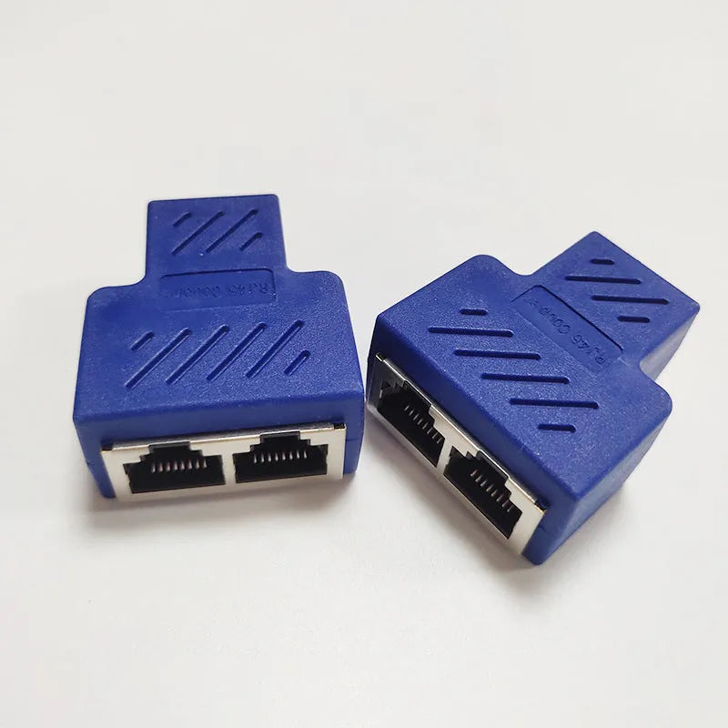 RJ45 network cable splitter adapter showing one input and two output ports in multiple colour options