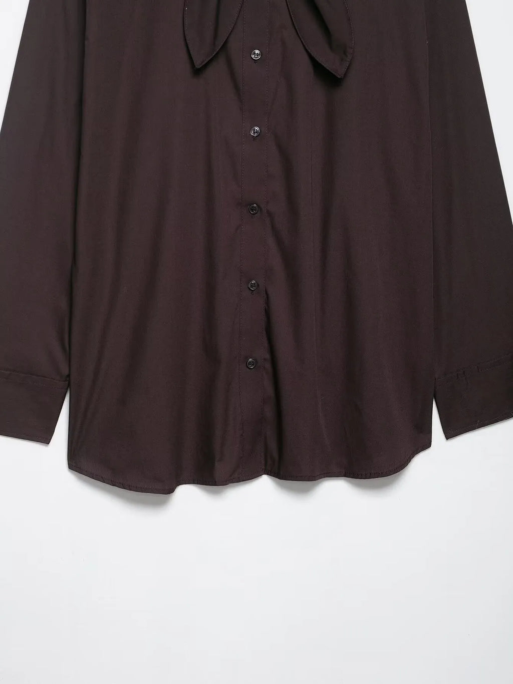 Brown women's poplin shirt with scarf bow tie detail and loose fit design