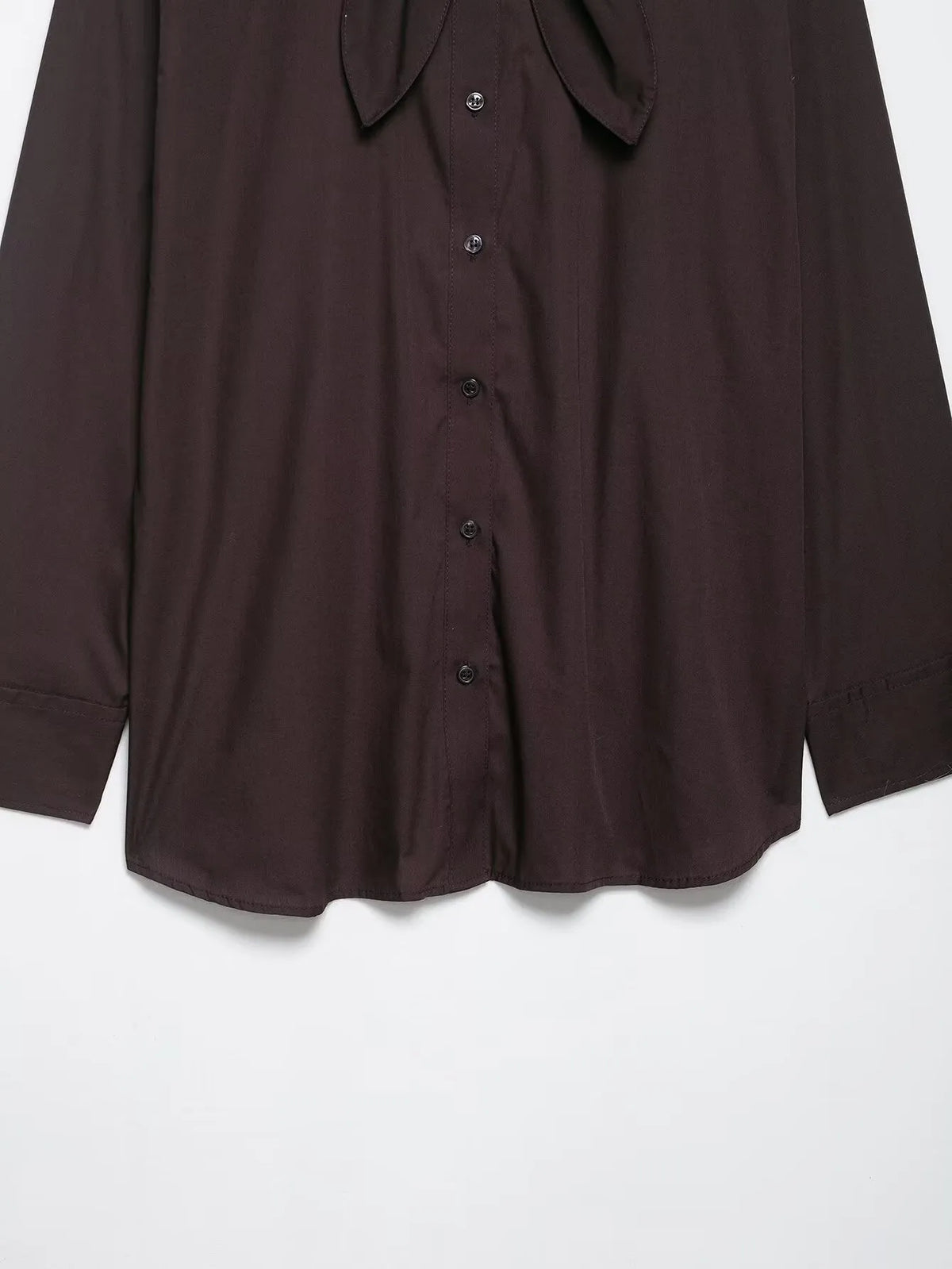 Brown women's poplin shirt with scarf bow tie detail and loose fit design
