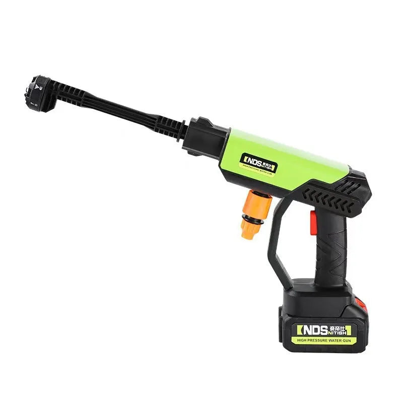 Green wireless high-pressure water gun with six-in-one nozzle and accessories including extension rod and foam pot.