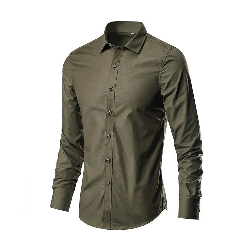 Loose fit long-sleeve linen shirt on a hanger, shown in a light colour.