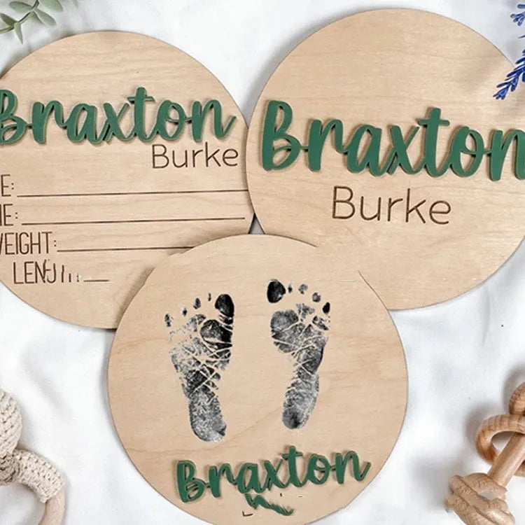 Brown limewood baby birth announcement board in a modern art style, available in sizes from 102mm to 203mm.