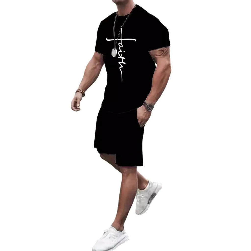 Two-piece casual sports suit with short-sleeved round neck top and shorts in polyester, 3D digital print, five colours.