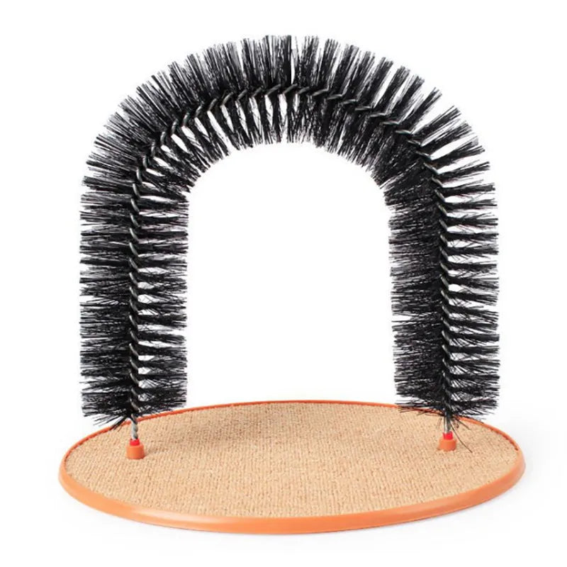 Arched plastic cat grooming scratcher with built-in brush bristles