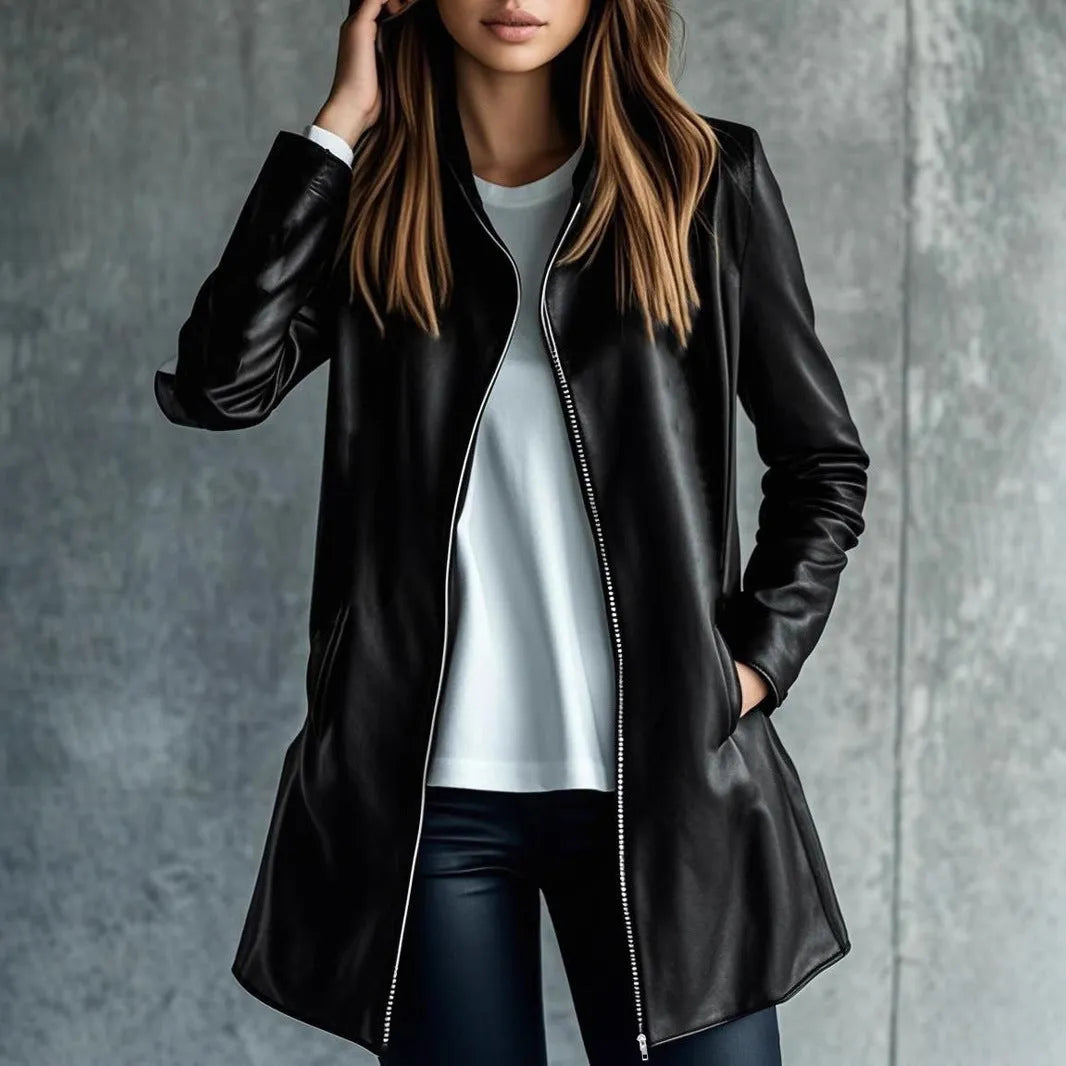 Black women's polyester leather jacket on a hanger, showing medium length and long sleeves.
