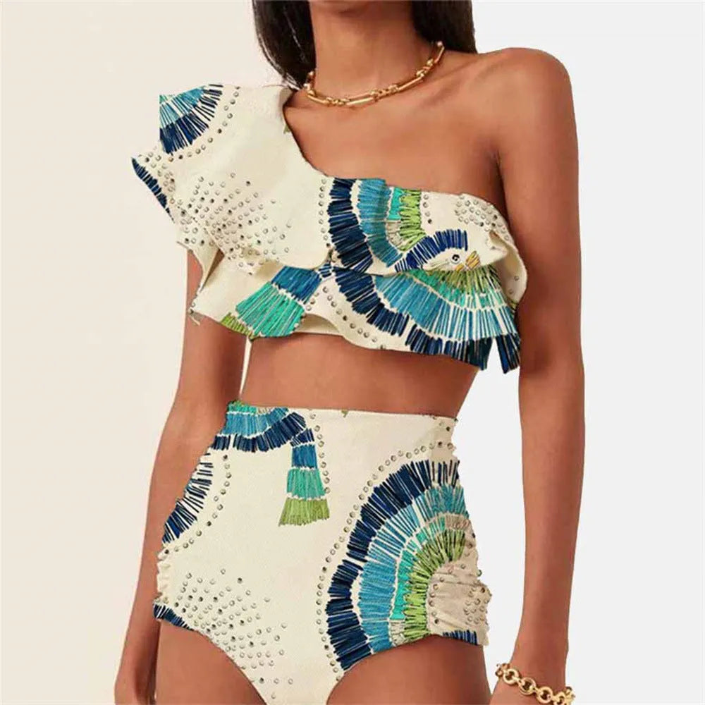 White women's one-shoulder swimsuit with lotus leaf texture and asymmetrical split