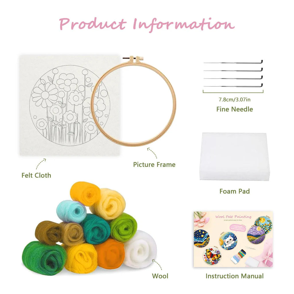 Round linen embroidery kit with wool felt pieces for a 20cm three-dimensional blanket painting project.