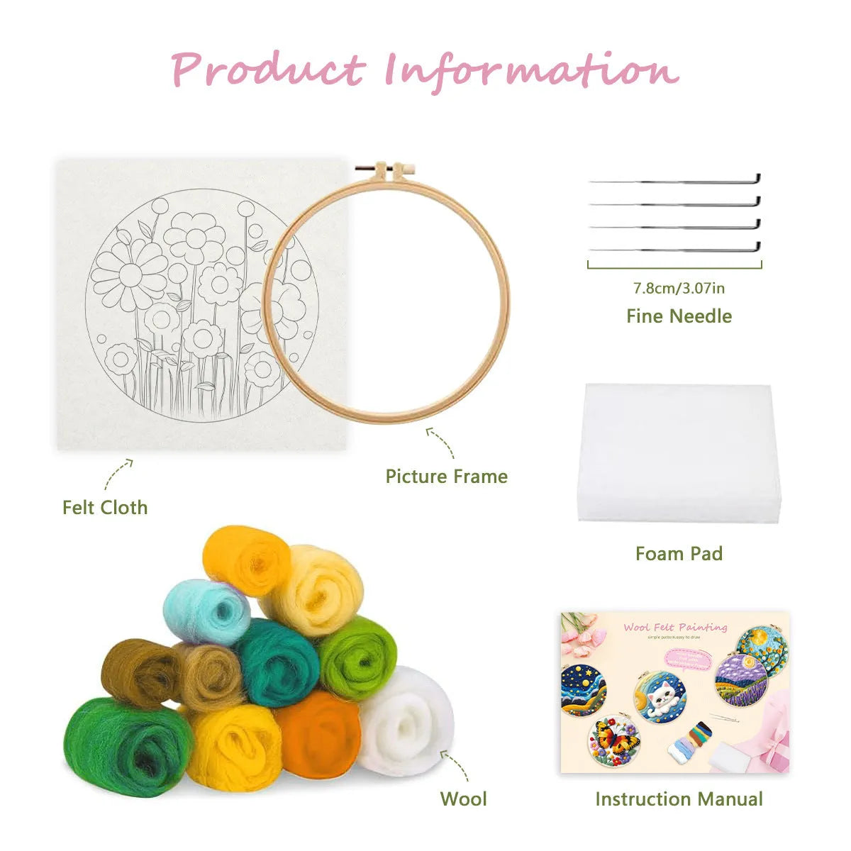 Round linen embroidery kit with wool felt pieces for a 20cm three-dimensional blanket painting project.