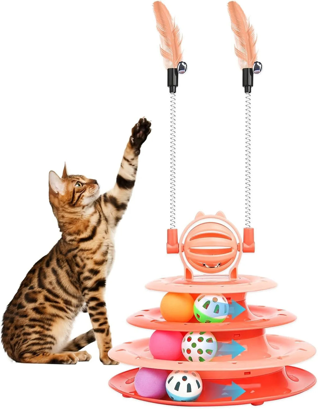Blue 4-tier cat puzzle toy with balls and teasing rods on non-slip base