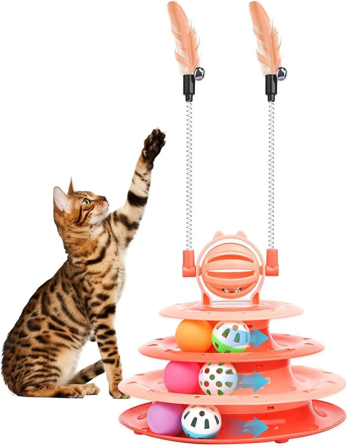 Blue 4-tier cat puzzle toy with balls and teasing rods on non-slip base