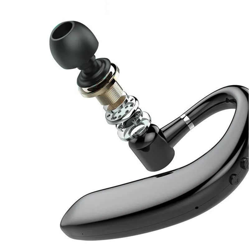 A single black wireless Bluetooth headset with an in-ear design, shown rotated for right or left ear wear.