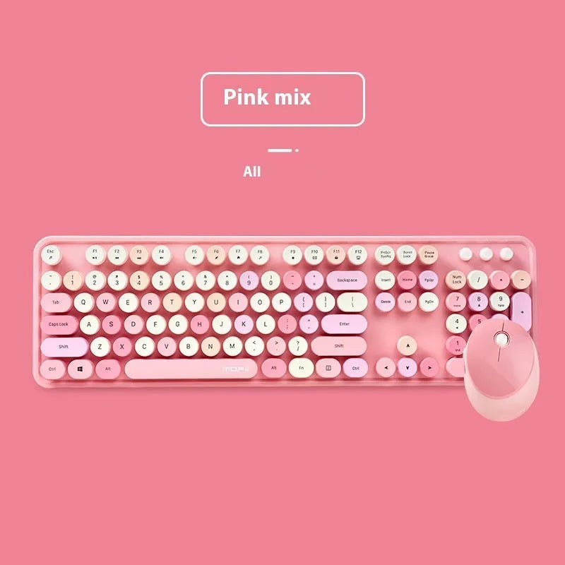 Wireless keyboard and mouse set in mixed colour options including blue, pink and purple variants