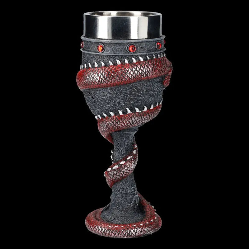 Gold stainless steel red wine glass with 3D Chinese dragon decoration showing 200ml capacity
